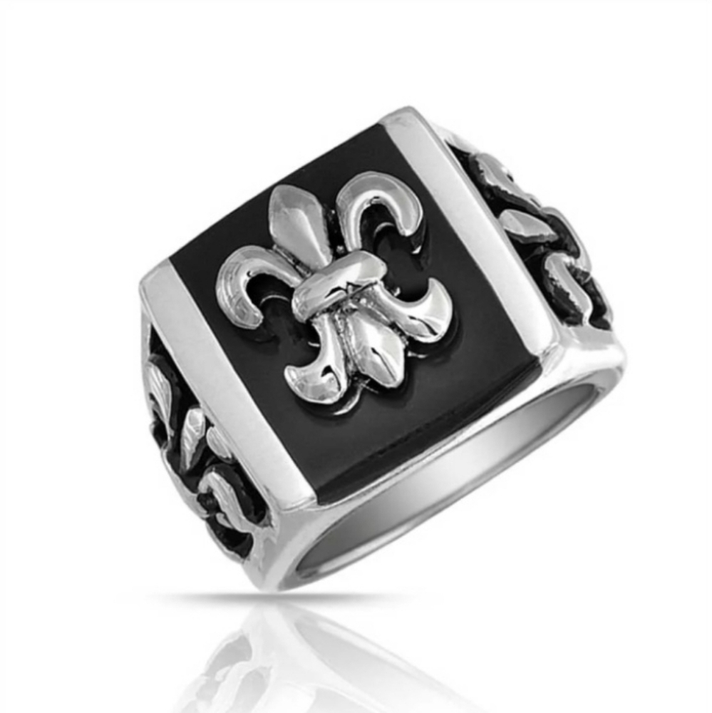 MENS STAINLESS STEAL FLEUR DE LIS BLACKEND RING SIZE  10 NWOT.